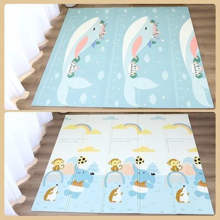 Covoras pentru Copii, Flippy, cu 2 Fete, Model Balene/Iepurasi, din XPE+PE, Impermeabil, Antiderapant, Protectie Termica, +3 Luni, Pliabil, 150 x 200 x 1.5 cm, Multicolor [3]