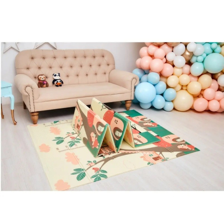 Covoras pentru Copii, Flippy, cu 2 Fete, Model Casute in Copaci/Iepurasi, din XPE+PE, Impermeabil, Antiderapant, Protectie Termica, +3 Luni, Pliabil, 180 x 200 x 1.5 cm, Multicolor [6]