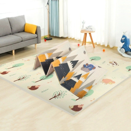 Covoras pentru Copii, Flippy, cu 2 Fete, Model Padure/Elefanti, din XPE+PE, Impermeabil, Antiderapant, Protectie Termica, +3 Luni, Pliabil, 150 x 200 x 1.5 cm, Multicolor [1]