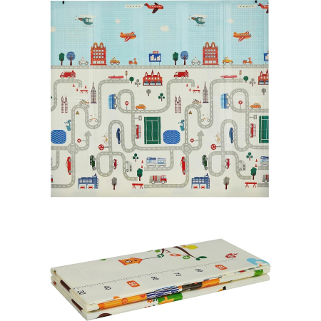 Covoras pentru Copii, Flippy, cu 2 Fete, Model Trafic/Girafe, din XPE+PE, Impermeabil, Antiderapant, Protectie Termica, +3 Luni, Pliabil, 180 x 200 x 1 cm, Multicolor [3]