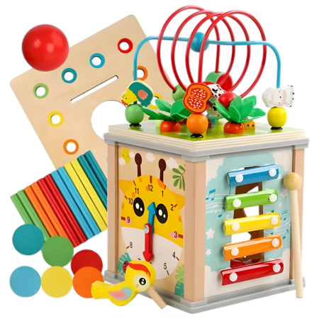 Jucarii educative - Cub Educativ Montessori din Lemn, Flippy, Multifunctional, Sortare Forme si Culori, Activitati Educative, Multicolor, Jucarie Interactiva