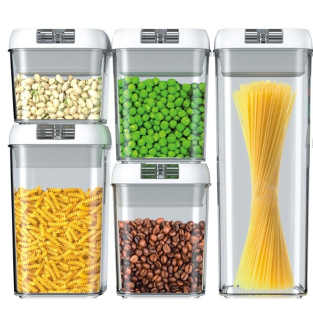 Bucatarie - Cutii de Depozitare Alimente, Flippy, set din 5 Cutii pentru Condimente, Volumetrie 0.5l, 0.8l, 1.2l, 1.9l, Transparente cu Capac Alb