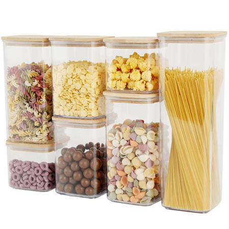 Bucatarie - Cutii de Depozitare Alimente, Flippy, Set din 7 Cutii de tip Container, Cutii pentru Cereale, din Plastic, Capac din Bambuc, 2pc 0.5 l, 2pc 0.8 l, 2pc 1.2 l, 1pc 2.5 l, Transparente