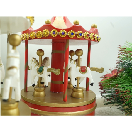 Decoratiuni Craciun - Cutiuta muzicala decorata de Craciun, Carusel rotativ, Rosu, din Lemn, Interior, Flippy