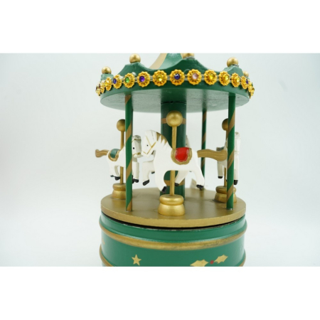 Cutiuta muzicala decorata de Craciun, Carusel rotativ, Verde, din Lemn, Interior, Flippy [5]