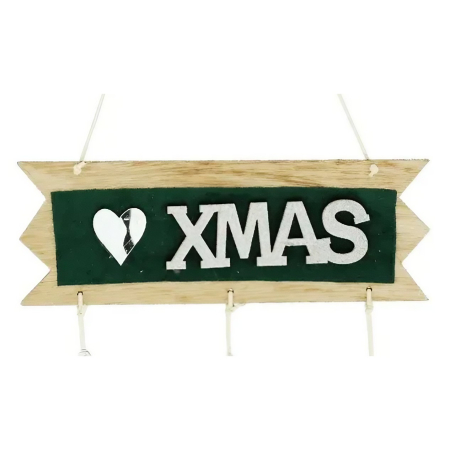 Decoratiune Craciun din Lemn, Flippy, Model Scris Xmas, Conuri Atarnate, cu Inimioara 25x9 cm, pentru Brad sau Usa, Verde/Argintiu [1]