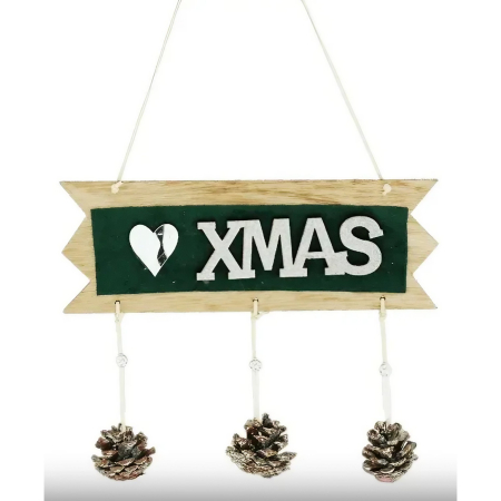 Decoratiune Craciun din Lemn, Flippy, Model Scris Xmas, Conuri Atarnate, cu Inimioara 25x9 cm, pentru Brad sau Usa, Verde/Argintiu [2]