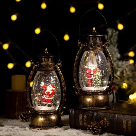 Decoratiune Craciun, Tip Felinar, Figurine Mos Craciun cu Bradul, 3 Moduri, Functie Muzicala, Zapada in Miscare, Functioneaza Cu Baterii ( 3 x AA neincluse), Cablu USB (Inclus), Model Vintage Negru -  [4]