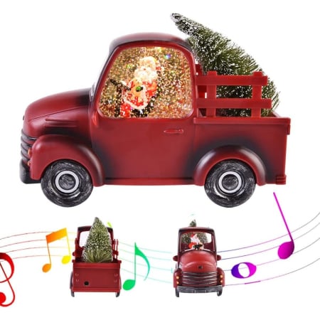 Decoratiuni Craciun - Decoratiune Craciun, Tip Masina, Figurine Mos Craciun cu Bradul, 3 Moduri, Functie Muzicala, Zapada in Miscare, Functioneaza Cu Baterii ( 3 x AA neincluse), Cablu USB (Inclus), Model Rosu, 24 x 10 x 1