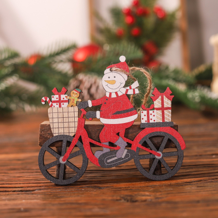 Craciun - Decoratiune de Craciun din Lemn, Flippy, cu Snur pentru Agatare in Brad, Model Om de Zapada pe Bicicleta, 10.3x11.5x0.5 cm, Multicolor