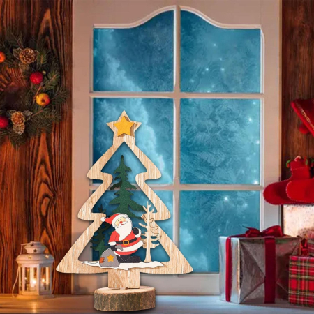 Decoratiune de Craciun, Flippy, din Lemn, 13.5 x 20 cm, Model Brad cu Stea Galbena, Multicolor [4]