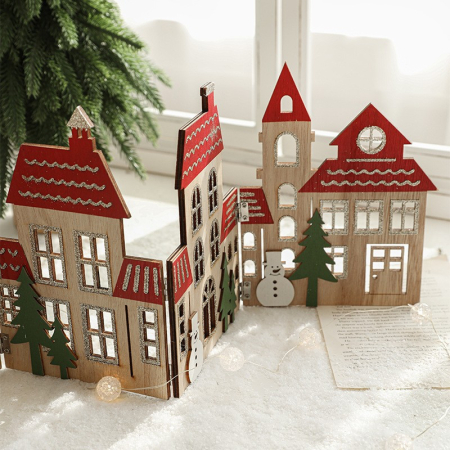 Decoratiune de Craciun, Flippy, Model Orasel de Craciun pentru Brad, in stil European, Pliabil din Lemn, 57 x 20 cm, Maro Natur Rosu [3]