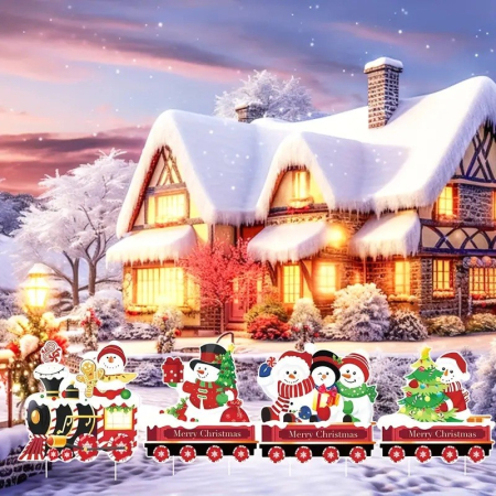 Decoratiune de Craciun, Flippy, pentru Gradina, Tip Trenulet, 4 Figurine + Bete de Infipt in Pamant, din Plastic, Impermeabil, Model Oameni de Zapada, Multicolor [1]