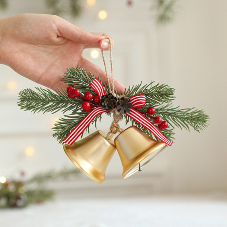 Decoratiune de Craciun pentru Brad, Flippy, Model 2 Clopotei de Craciun cu Crenguta de Brad, Decoratiune pentru Interior de Craciun, Auriu [3]