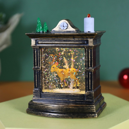 Decoratiuni Craciun - Decoratiune de Craciun tip Semineu / Ceas, Flippy, Glob de Cristal cu Fulgi de Zapada, Model Ren, Iluminare LED, 11.5 x 8.5 x 6.5 cm, Carcasa Vintage Bronze, Transparent