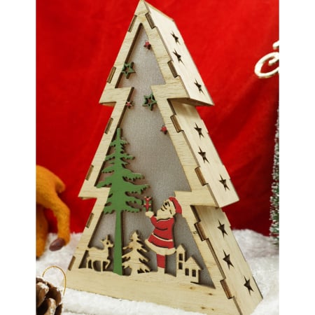 Decoratiuni Luminoase - Decoratiune luminoasa, model de Brad cu Mos Craciun, maro, lungime: 14 cm, latime: 5 cm, inaltime: 20 cm, lemn, interior/exterior