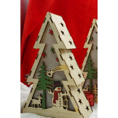 Decoratiuni Luminoase - Decoratiune luminoasa, model de Brad cu Om de zapada, maro, lungime: 14 cm, latime: 5 cm, inaltime: 20 cm, lemn, interior/exterior
