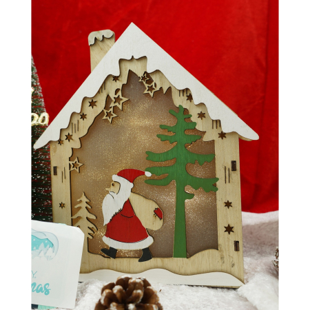 Decoratiune luminoasa, model de  Casa cu Mos Craciun, maro, lungime: 18 cm, latime: 21 cm, inaltime: 5 cm, lemn, interior/exterior [2]