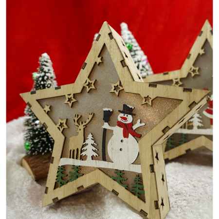 Decoratiune luminoasa, model de Stea cu Om de zapada, maro, lungime: 18 cm, latime: 18 cm, inaltime: 4 cm, lemn, interior/exterior [3]