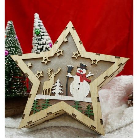 Decoratiuni Luminoase - Decoratiune luminoasa, model de Stea cu Om de zapada, maro, lungime: 18 cm, latime: 18 cm, inaltime: 4 cm, lemn, interior/exterior