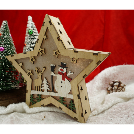 Decoratiune luminoasa, model de Stea cu Om de zapada, maro, lungime: 18 cm, latime: 18 cm, inaltime: 4 cm, lemn, interior/exterior [1]