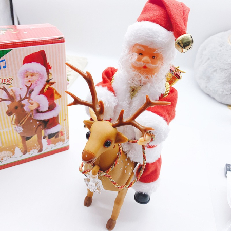 Decoratiune Mos Craciun, Flippy, Animat, care Canta si Danseaza, cu Saculet, pe Ren, Imbracat Festiv, 28x21x10 cm, Rosu [7]