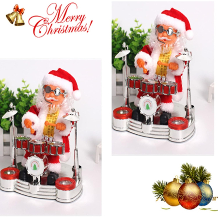 Decoratiune Mos Craciun, Flippy, Animat, care Canta si Danseaza, cu Tobe, Imbracat Festiv, 20x17 cm Inaltime, Rosu [1]