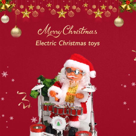 Figurine Decorative Craciun - Decoratiune Mos Craciun, Flippy, Animat, care Canta si Danseaza, cu Tobe, Imbracat Festiv, 20x17 cm Inaltime, Rosu