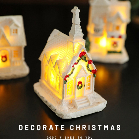 Decoratiune Ornament de Craciun, Flippy, Biserica de Craciun din Rasina, Model Biserica Mica Iluminata din Interior, 8.8 x 6 x 4.5 cm, Alb [2]