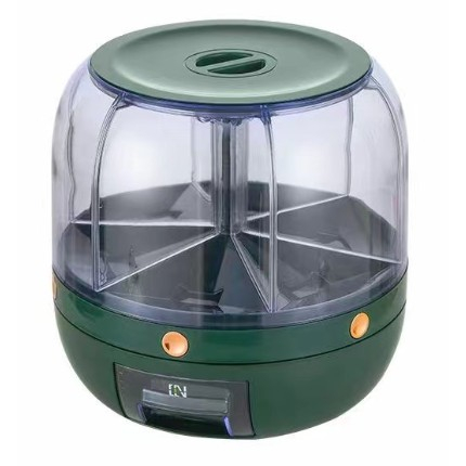 Bucatarie - Dozator de cereale Flippy, rotativ 360, 6 compartimente, capacitate 3 L, rezistent la umezeala, inchidere etansa, verde inchis