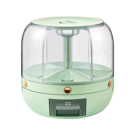 Bucatarie - Dozator de cereale Flippy, rotativ 360, 6 compartimente, capacitate 6 L, rezistent la umezeala, inchidere etansa, verde deschis