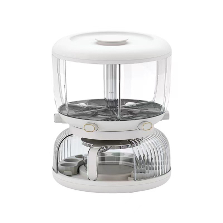 Bucatarie - Dozator etajat de cereale Flippy, rotativ 360, 6 compartimente, capacitate 10L, cofrag special pentru oua, vas pentru scurgerea cerealelor, 35x27.5 cm, alb