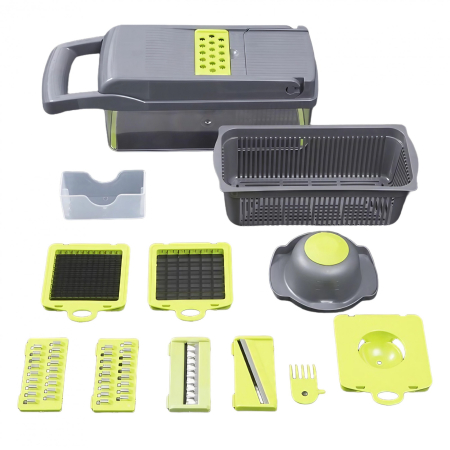 Bucatarie - Feliator Multifunctional, Flippy, Razatoare, 8 in 1, pentru Fructe si Legume, 10 Piese, Lame de Inox, Recipient Stocare, Separator Oua, Protectie Mana, ABS, 32.2x11.3 cm, Verde/Gri