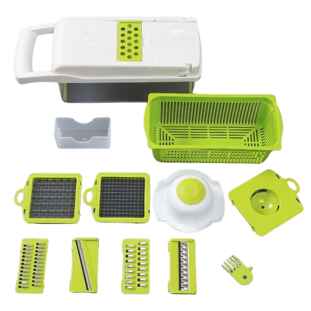 Bucatarie - Feliator Multifunctional, Flippy, Razatoare, 8 in 1, pentru Fructe si Legume, 10 Piese, Lame de Inox, Recipient Stocare, Separator Oua, Protectie Mana, ABS, 67.5x38.5x49.5 cm, Verde/Alb
