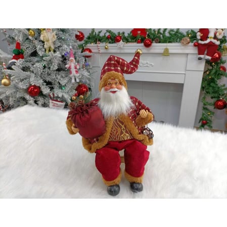 Figurina Decorativa Craciun, Flippy, Mos Craciun Asezat cu Sac si Felinar, 35 x 18 x 20 cm, Material Plastic+Textil, Interior/Exterior, Rosu/Auriu [5]