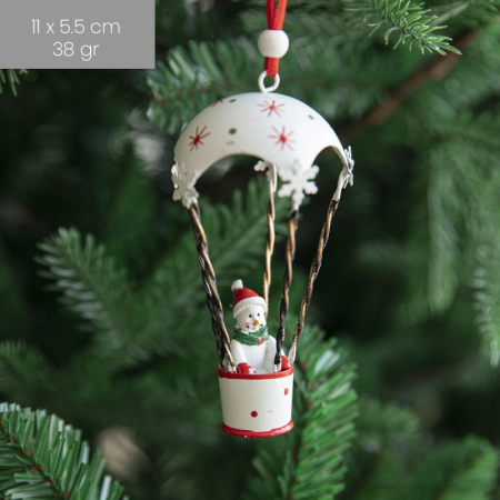 Craciun - Figurina pentru Brad de Craciun, Flippy, Model Om de Zapada in Balon cu Aer Cald, Ornament pentru Brad, din Metal, 11 x 5.5 x 5.5 cm, Alb