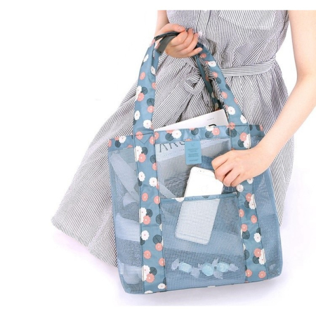 Geanta de Plaja, Flippy, din Plasa Transparenta, Imprimeu Floral, 43 x 10 x 33 cm, Model pentru Umar, Lungime Inferioara 33 cm, Albastru [3]