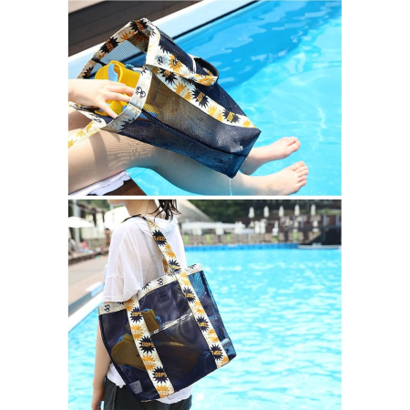 Geanta de Plaja, Flippy, din Plasa Transparenta, Imprimeu Oops, 43 x 10 x 33 cm, Model pentru Umar, Lungime Inferioara 33 cm, Negru [2]