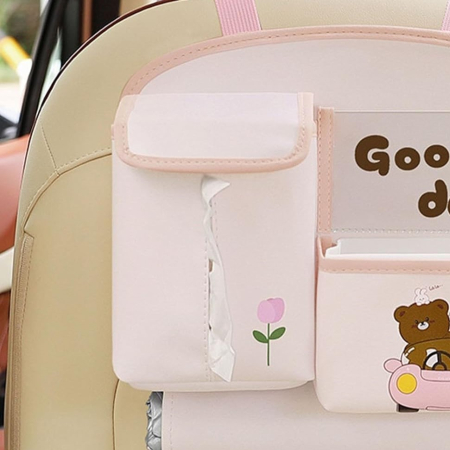 Geanta Multifunctionala de Depozitare, Flippy, pentru Bancheta din Spate a Masinii, Animat, Model Ursuleti, Scris Good Day, Suport Servetele si Telefon, 25x31 cm, Roz [5]