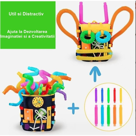 Ghiozdan Montessori, Flippy, pentru Copii 2-6 ani, Fidget Pop, cu Catarame si Fermoare, Jucarii Senzoriale, Activitate de Invatare prin Joc, Albastru Marin, 0.25 kg, 28x10x23 cm [3]