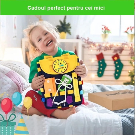 Ghiozdan Montessori, Flippy, pentru Copii 2-6 ani, Fidget Pop, cu Catarame si Fermoare, Jucarii Senzoriale, Activitate de Invatare prin Joc, Albastru Marin, 0.25 kg, 28x10x23 cm [1]