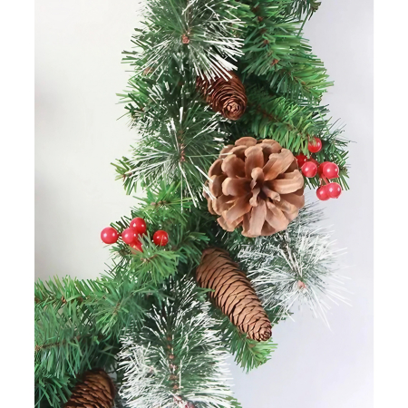 Decoratiuni Craciun - Ghirlanda de Craciun, cu merisoare si conuri, din brad artificial, cu parti de pin inzapezit, 180 cm, Verde
