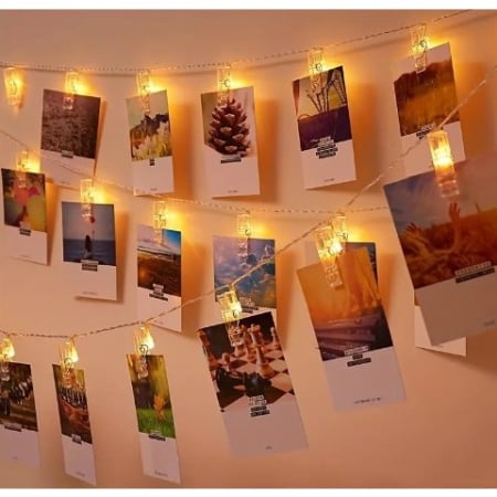 Ghirlanda Luminoasa cu 10 Clipsuri pentru Poze, Flippy, 1.5 m, cu Baterii si Telecomanda, 8 Programe, Fir Argintiu, Alb Cald [5]