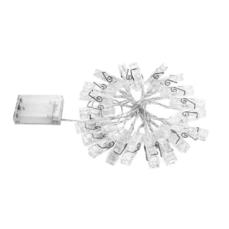 Craciun - Ghirlanda Luminoasa cu 10 Clipsuri pentru Poze, Flippy, 1.5 m, cu Baterii si Telecomanda, 8 Programe, Fir Argintiu, Alb Cald