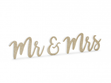 ACCESORII PENTRU NUNTA - Inscripție lemn "Mr și Mrs", aurie, 50x10cm