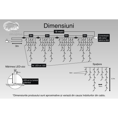 Instalatie Craciun, 18 m, 525 Led-uri ,Franjuri, Alb cald, Flash, Transformator cu telecomanda, Interconectabila, Prelungitor 3 m inclus, Fir Transparent, Flippy [2]