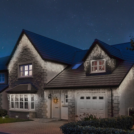 Turturi / Franjuri - Instalatie Craciun, 180 m, 4320 Led-uri ,Franjuri, Alb rece, Flash, Alimentator, Interconectabila, Prelungitor 6.5 m inclus, Fir Transparent Cauciucat, 220v, Flippy