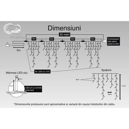 Instalatie Craciun, 20 m, 572 Led-uri ,Franjuri, Rosu / Verde/ Albastru, Flash, Transformator cu telecomanda, Interconectabila, Prelungitor 5 m inclus, Fir Alb, Flippy [2]