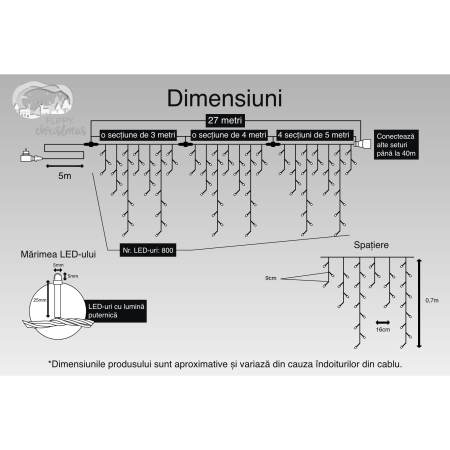 Instalatie Craciun, 27 m, 800 Led-uri ,Franjuri, Alb cald, Flash, Transformator cu telecomanda, Interconectabila, Prelungitor 5 m inclus, Fir Transparent, Flippy [2]