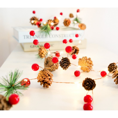 Instalatie Craciun cu baterii, 2 metri, 20 LED-uri tip Ace, conuri de pin si clopotei, Alb Cald, Flippy [1]